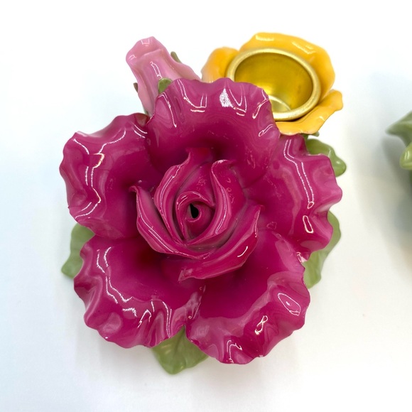 Set of 2 Royal Albert Old Country Roses Pink Yellow Sculpted Taper Candle Holder - Picture 3 of 16